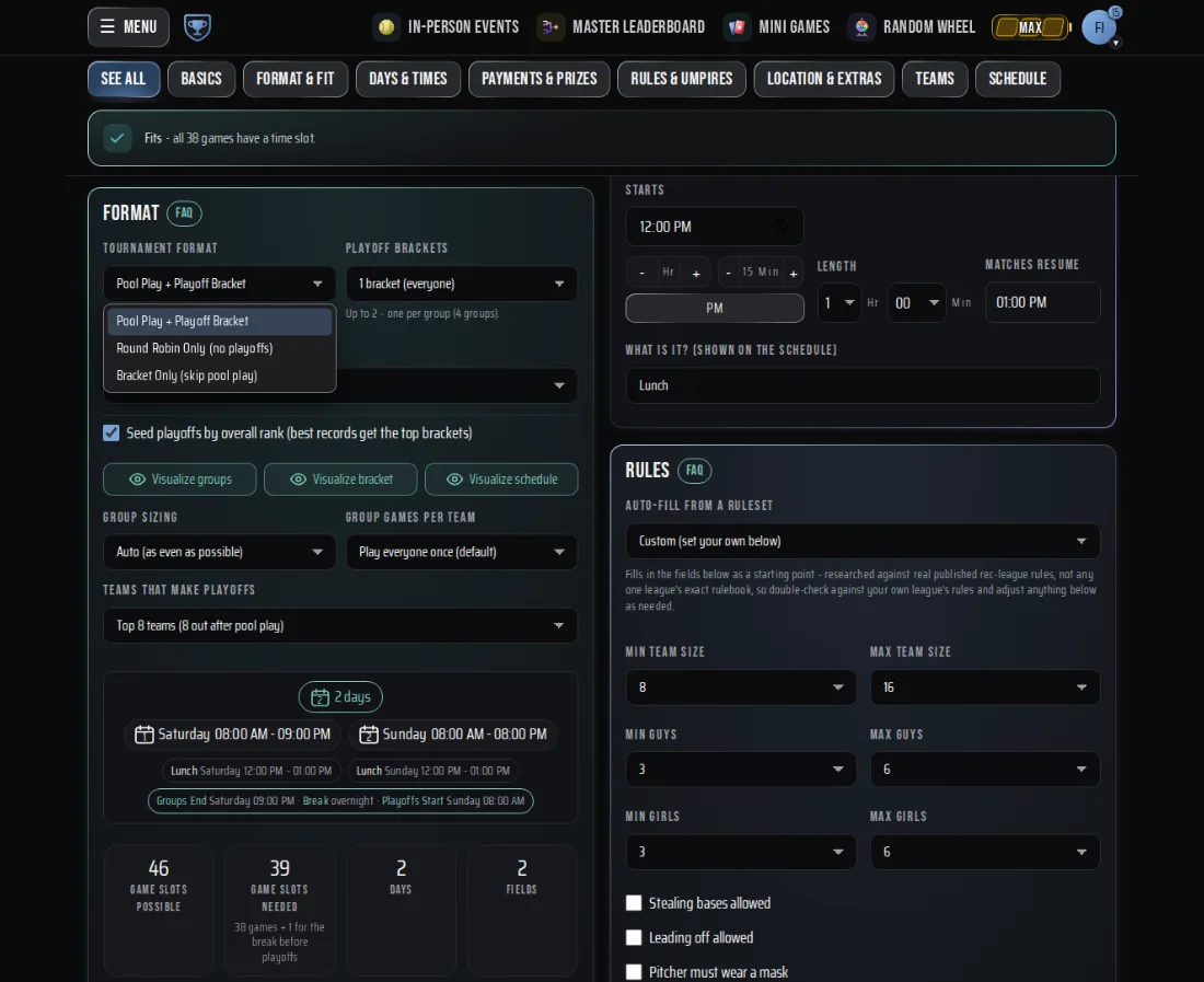 Tournament format options showing pool play, playoff brackets and single or double elimination